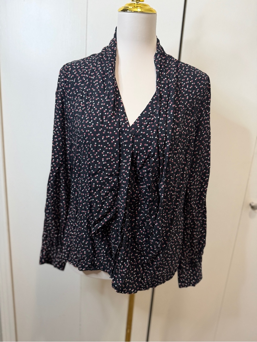 PAIGE Black Blouse with Pink Dot Print and Draped Tie Neck - Picture 1 of 9
